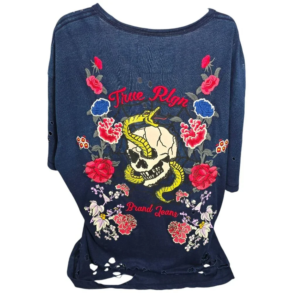 True Religion XXL Distressed Unisex Navy T-Shirt Skull Snake Roses Single Stitch